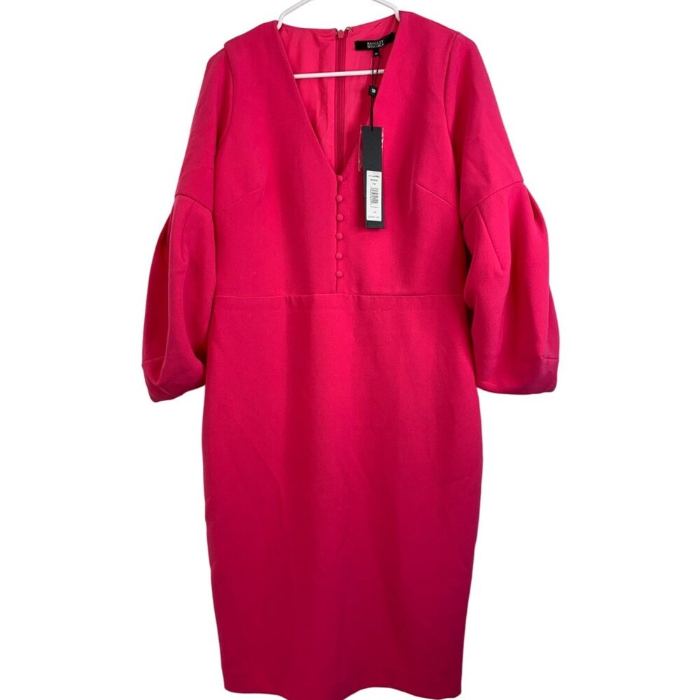 NWT 14 Badgley Mischka Pink Dress V-Neck Balloon 3/4 Sleeve $495 Lined  8292